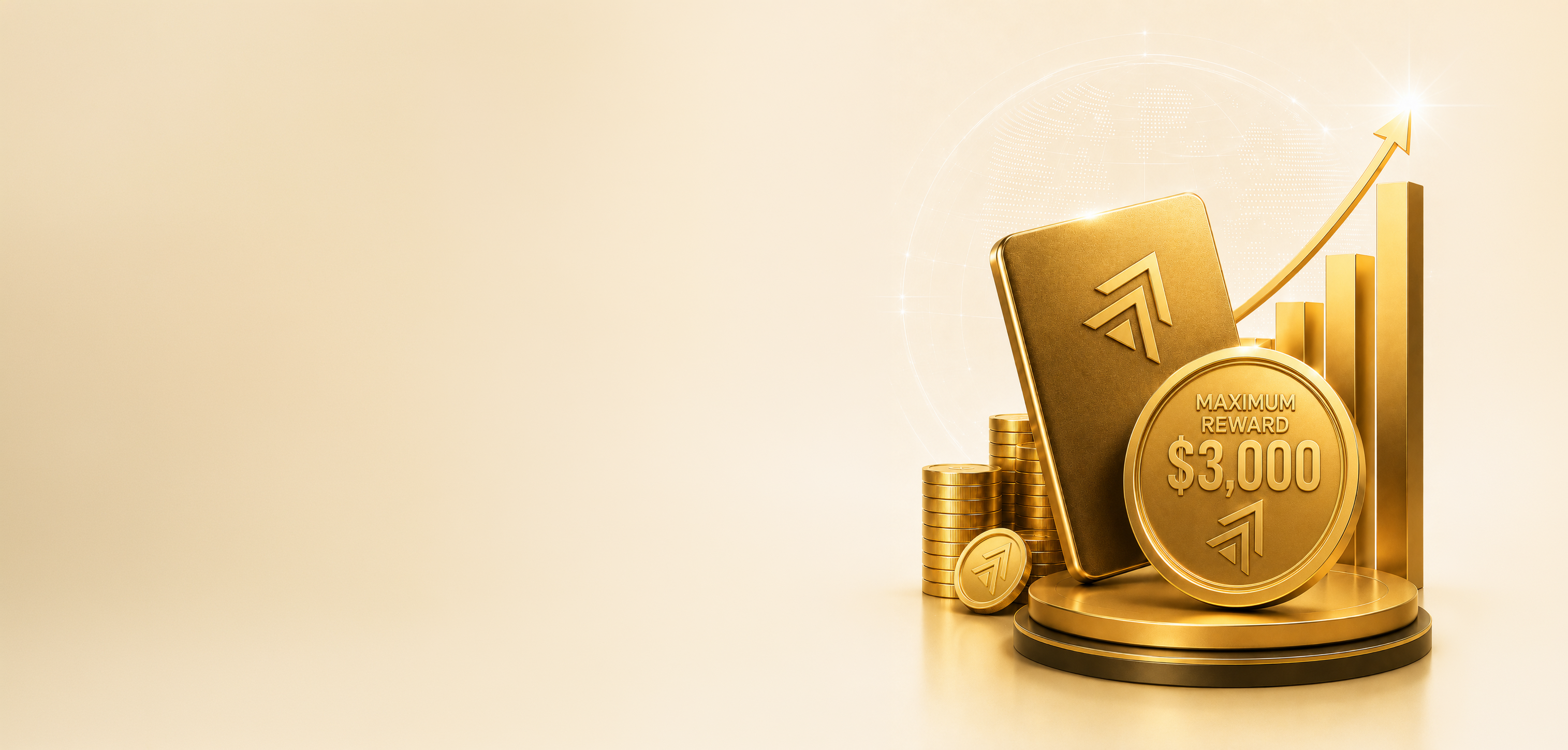 أكوام من السبائك والعملات الذهبية بجانب ميدالية تحمل عبارة «$3,000» تشير إلى المكافأة القصوى، ومخطط شريطي صاعد