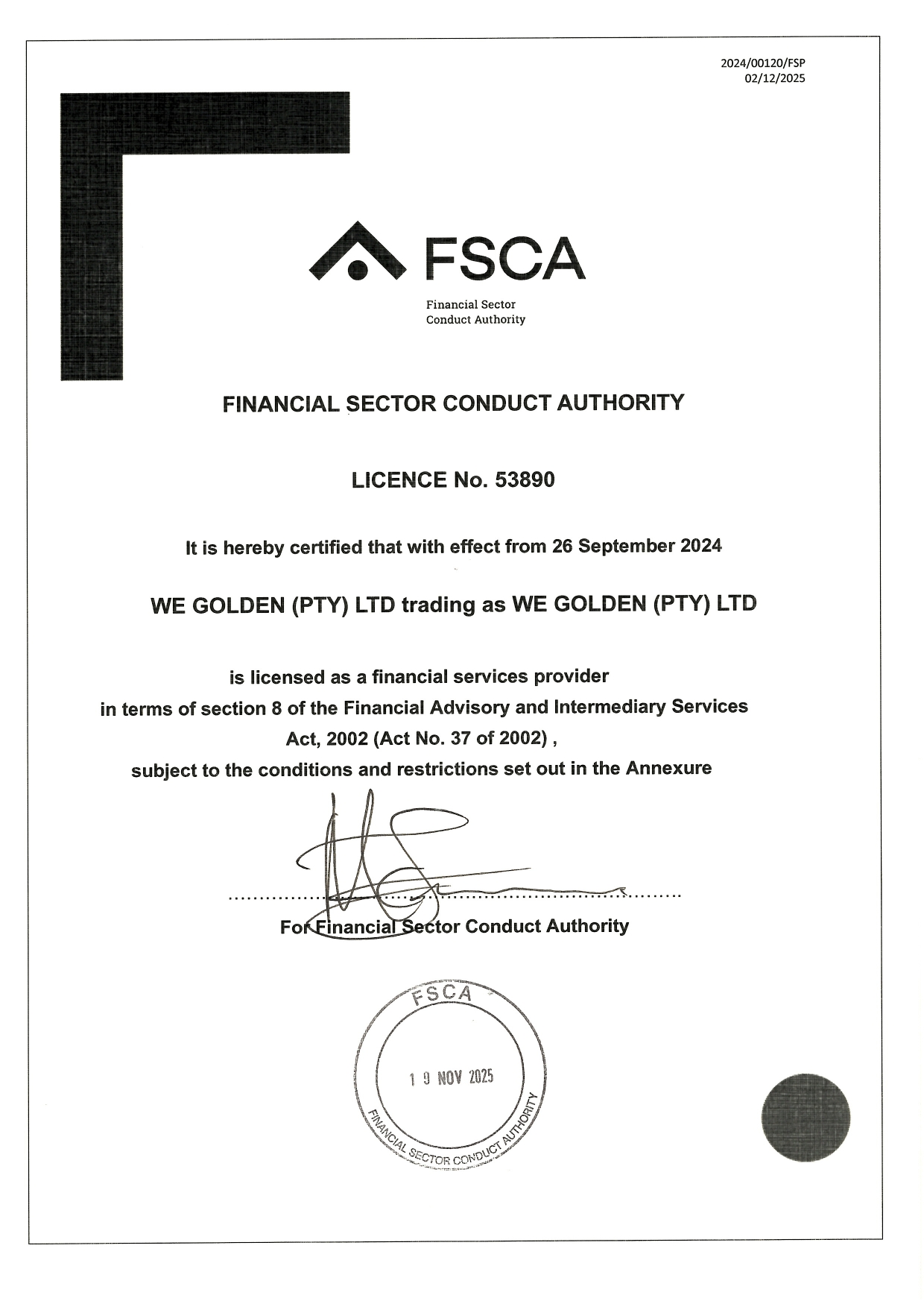 معلومات ترخيص FSCA - WeGolden (PTY) LTD
