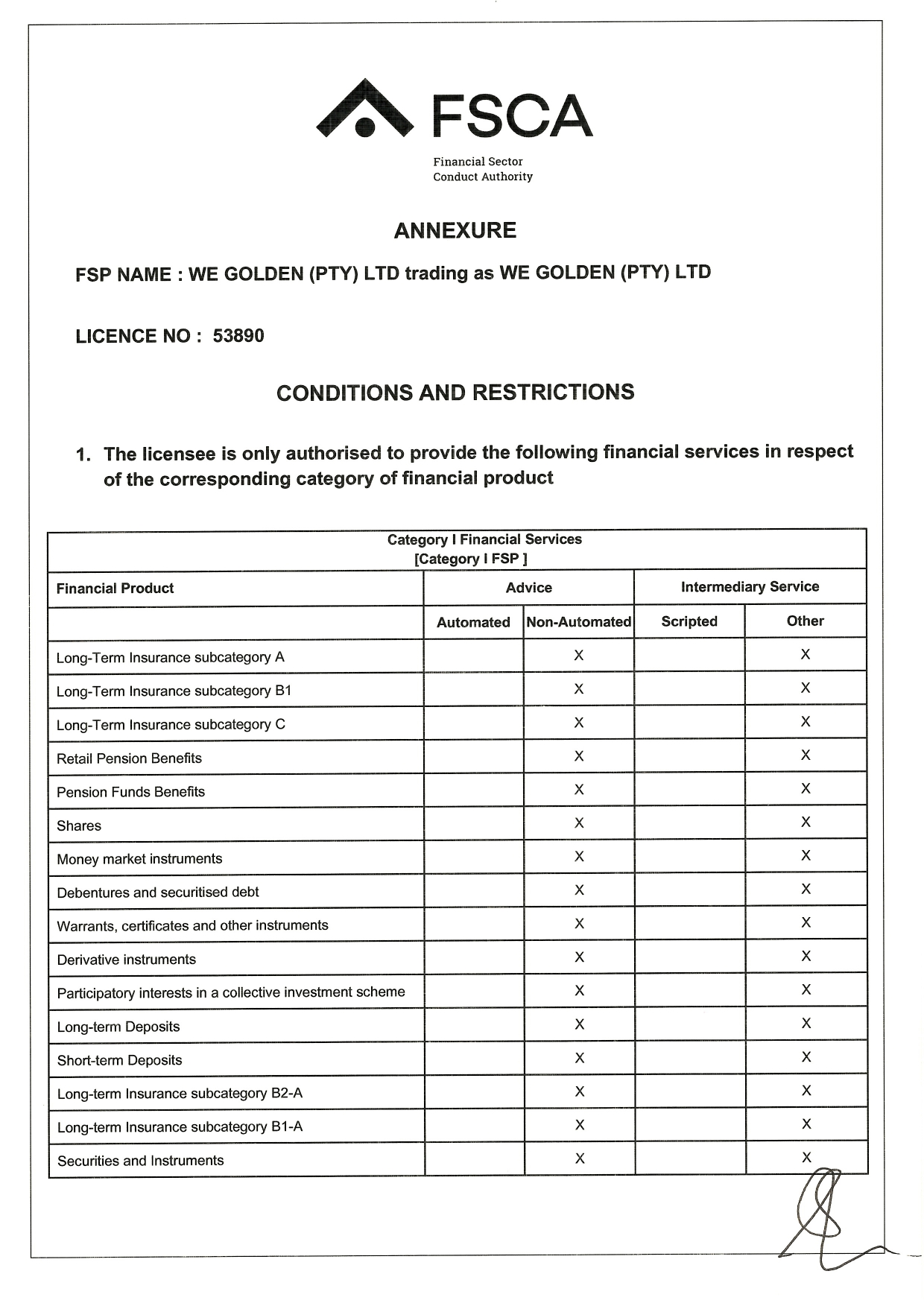 معلومات ترخيص FSCA - WeGolden (PTY) LTD